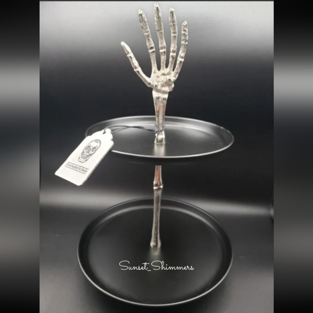 Halloween Metal Skeleton Hand 2 Tier Footed Serving Stand Appetizer Dessert tray